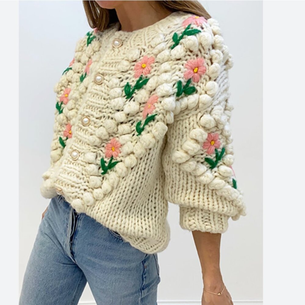 VITA GRACE Cream and Pink Floral Chunky Button Cardigan Sweater size )S